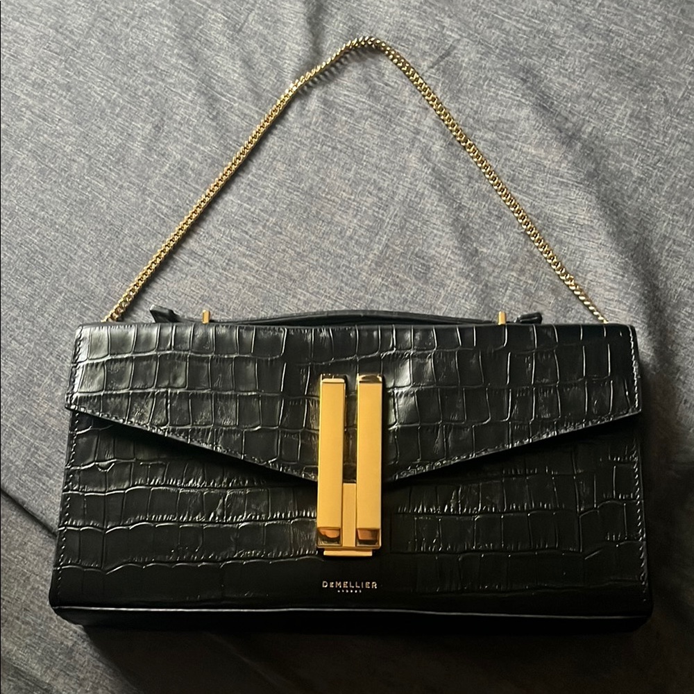 DeMellier Black and Gold Croc-Embossed Shoulder Bag